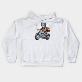 Cool street cat with black leather jacket riding a motorbike with backpack Kids Hoodie